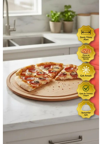 ® | Pizza Sunum ve Kesme Tahtası | Ahşap Servis Tepsi Sunumluk, Pratik ve Şık Tasarım