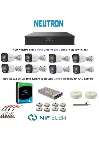 Nif Bilişim 2mp 8 Kameralı Sesli Dış Ortam Ahd Full Kamera Seti 4tb Disk Kameralar Gece Renkli Değildir fiyatları