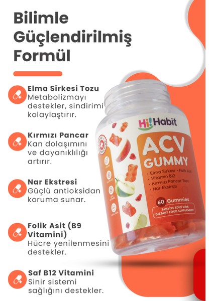 Acv Elma Sirkeli Gummy 3 Adet - Hsn 1 Adet Saç, Cilt ve Tırnak Gummy 1 Adet Vegan Takviye Edici Gıda