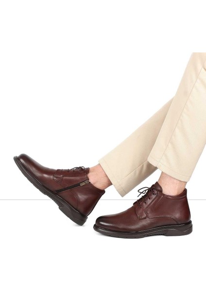 Erkek Kahverengi Bağcıklı Fermuarlı Deri Bot
