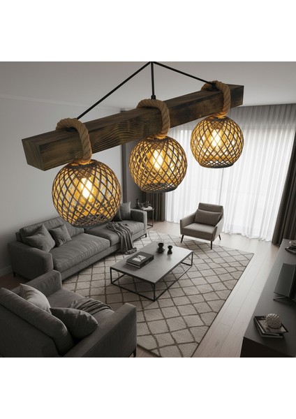 El Yapımı 3'lü Kütük Ahşap Avize - Doğal Eskitme Jüt İpli Sarkıt Lamba - Rustik Halatlı, Bohem & İskandinav Tasarım | Salon, Yemek Masası, Kafe, Restoran Aydınlatması