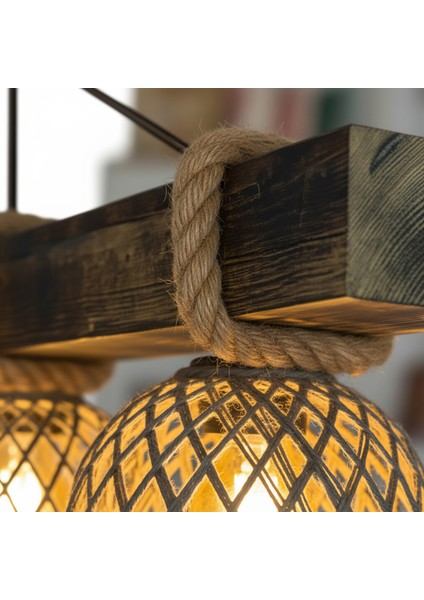 El Yapımı 3'lü Kütük Ahşap Avize - Doğal Eskitme Jüt İpli Sarkıt Lamba - Rustik Halatlı, Bohem & İskandinav Tasarım | Salon, Yemek Masası, Kafe, Restoran Aydınlatması fiyatları