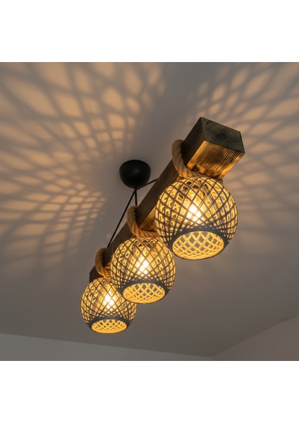 El Yapımı 3'lü Kütük Ahşap Avize - Doğal Eskitme Jüt İpli Sarkıt Lamba - Rustik Halatlı, Bohem & İskandinav Tasarım | Salon, Yemek Masası, Kafe, Restoran Aydınlatması modelleri