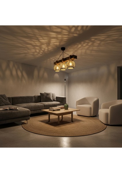 El Yapımı 3'lü Kütük Ahşap Avize - Doğal Eskitme Jüt İpli Sarkıt Lamba - Rustik Halatlı, Bohem & İskandinav Tasarım | Salon, Yemek Masası, Kafe, Restoran Aydınlatması fırsatları