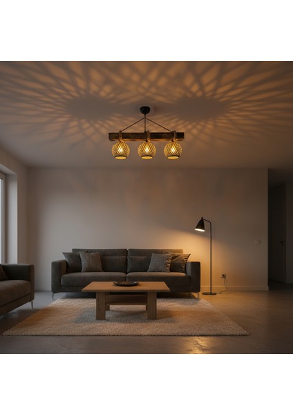 El Yapımı 3'lü Kütük Ahşap Avize - Doğal Eskitme Jüt İpli Sarkıt Lamba - Rustik Halatlı, Bohem & İskandinav Tasarım | Salon, Yemek Masası, Kafe, Restoran Aydınlatması indirimleri