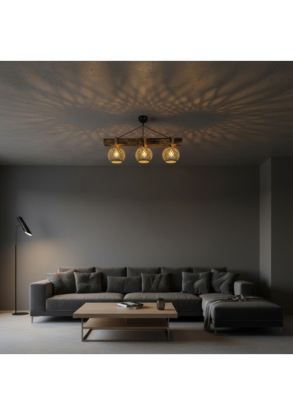 El Yapımı 3'lü Kütük Ahşap Avize - Doğal Eskitme Jüt İpli Sarkıt Lamba - Rustik Halatlı, Bohem & İskandinav Tasarım | Salon, Yemek Masası, Kafe, Restoran Aydınlatması