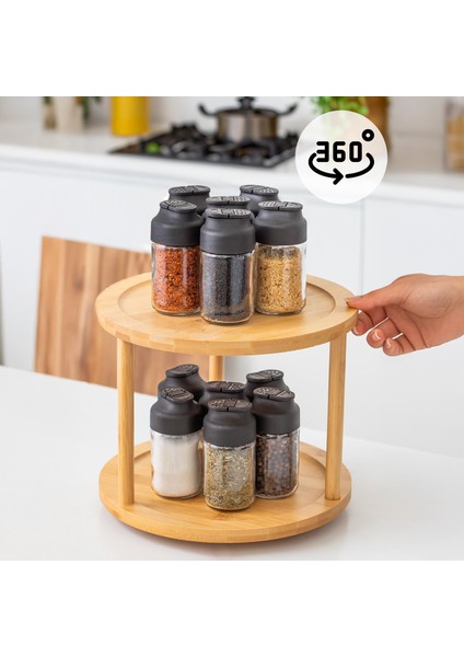 M9263-35 360° Döner Standlı Bambu Sunumluk Organizer-2 Katlı Baharatlık Düzenleyici Stand