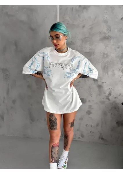 Mdb Unisex Bisiklet Yaka Baskılı Oversize Thirt Beyaz fiyatları