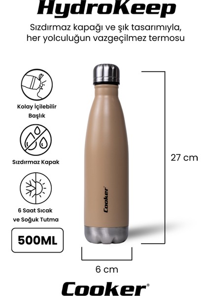 Hydrokeep 500 ml Paslanmaz Çelik Termos – Çift Kat Vakumlu, Sızdırmaz Kapaklı, 6 Saat Sıcak & Soğuk Tutma” fiyatları