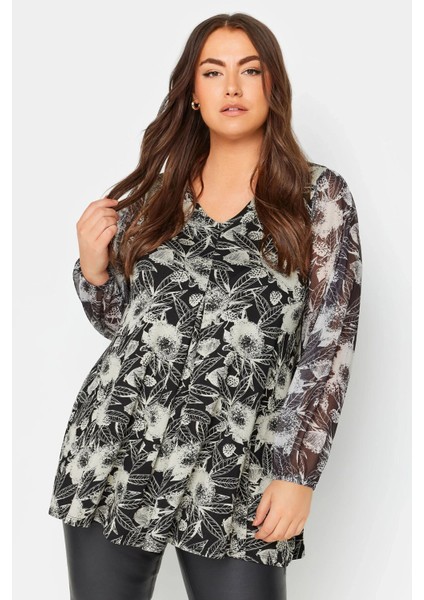 Büyük Beden Uzun Kolları Tül Detaylı Pileli V Yaka Bluz 303115