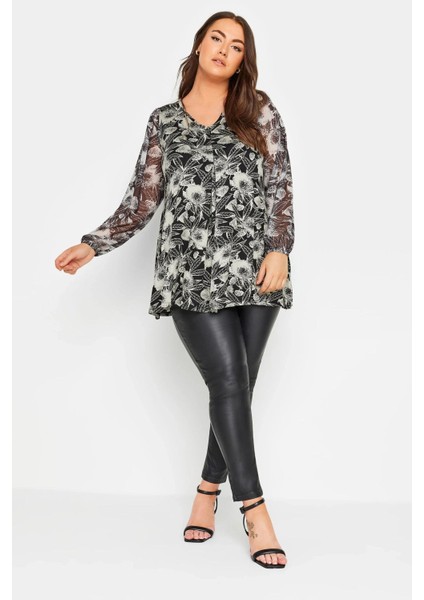 Büyük Beden Uzun Kolları Tül Detaylı Pileli V Yaka Bluz 303115 fırsatları