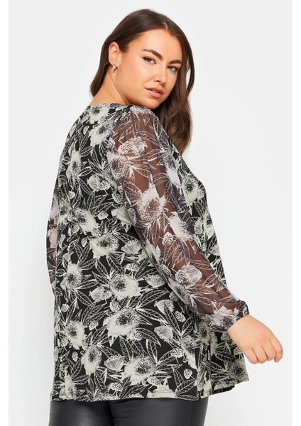 Büyük Beden Uzun Kolları Tül Detaylı Pileli V Yaka Bluz 303115