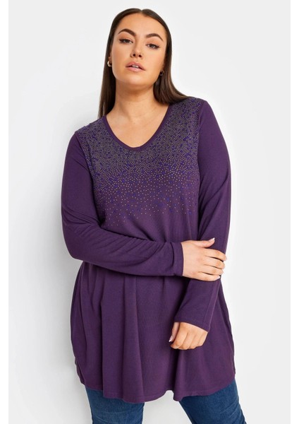 Büyük Beden V Yaka Uzun Kollu Önü Taş Işlemeli Bluz 302919