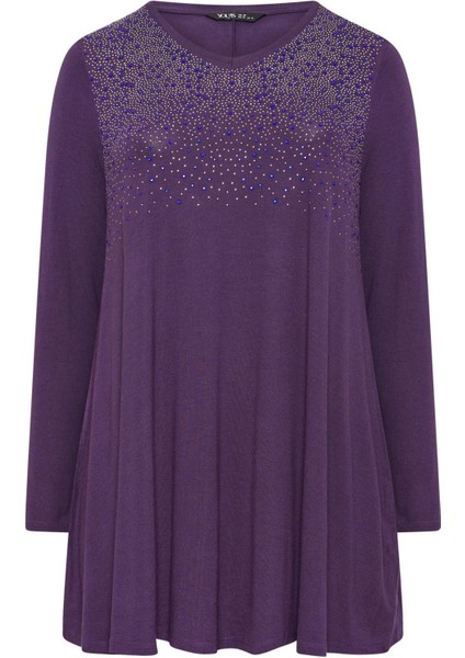 Büyük Beden V Yaka Uzun Kollu Önü Taş Işlemeli Bluz 302919