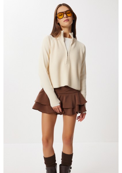 Fermuarlı Dik Yaka Triko Kazak LFG0162 Krem