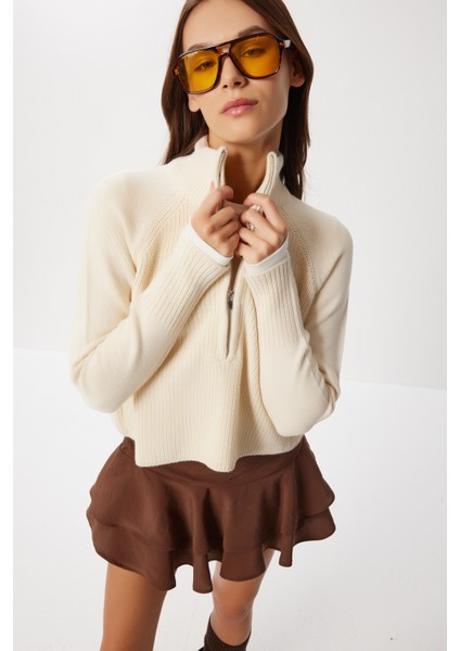 Fermuarlı Dik Yaka Triko Kazak LFG0162 Krem fiyatları