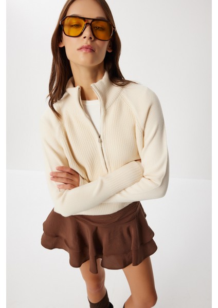 Fermuarlı Dik Yaka Triko Kazak LFG0162 Krem modelleri