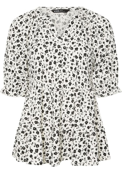 Büyük Beden Yarım Kollu V Yaka Eteği Fırfırlı Desenli Bluz 322572