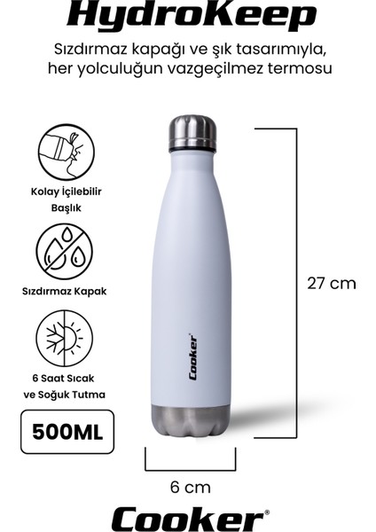 Hydrokeep 500 ml Paslanmaz Çelik Termos – Çift Kat Vakumlu, Sızdırmaz Kapaklı, 6 Saat Sıcak & Soğuk Tutma” fiyatları