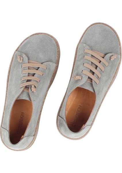 Kadın Gri Bağcıklı Kalın Tabanlı Süet Deri Ayakkabı