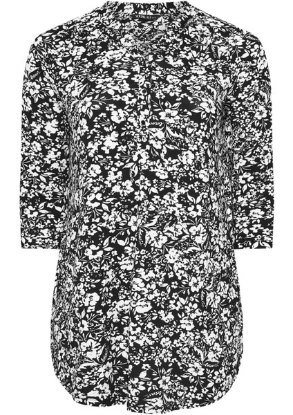 Büyük Beden Yarım Kollu Önü Düğmeli Çiçek Desenli Gömlek 322267