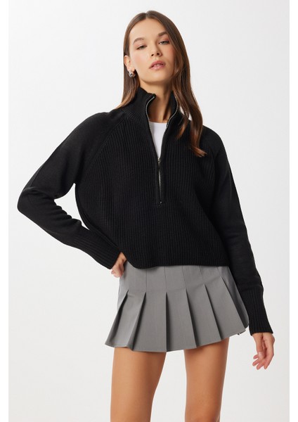 Fermuarlı Dik Yaka Triko Kazak LFG0162 Siyah modelleri