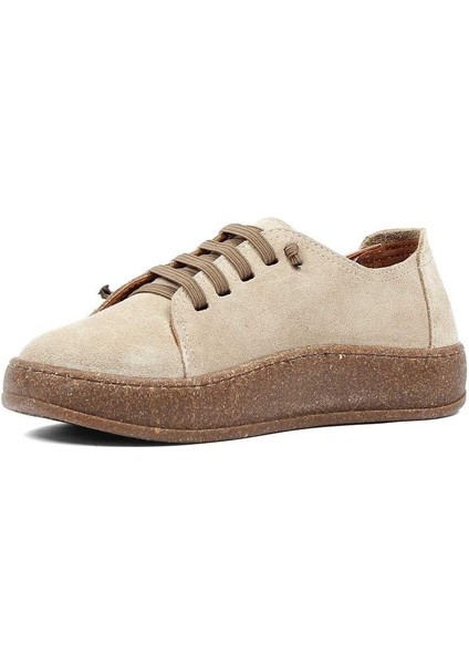 Kadın Bej Bağcıklı Kalın Tabanlı Süet Deri Ayakkabı fırsatları