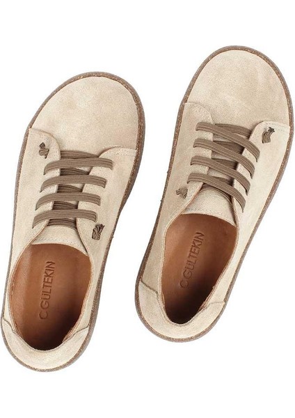 Kadın Bej Bağcıklı Kalın Tabanlı Süet Deri Ayakkabı