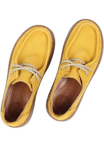 Kadın Hardal Bağcıklı Kalın Tabanlı Nubuk Deri Ayakkabı