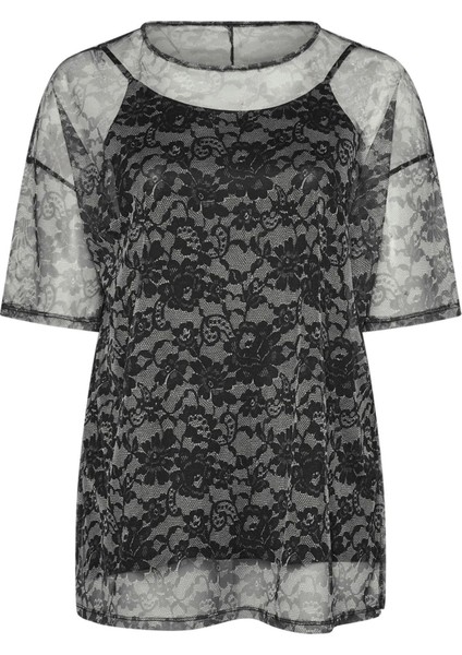 Büyük Beden Yarım Kollu Içi Astarlı Desenli Tül Bluz 303448