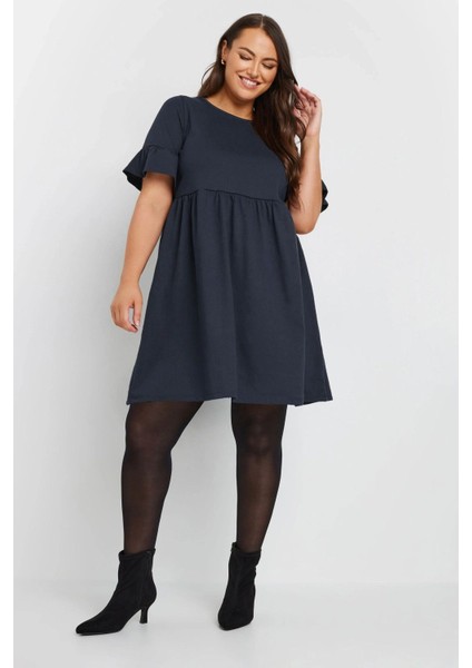 Büyük Beden Bisiklet Yaka Kısa Fırfır Kollu Beli Lastikli Mini Elbise 303646