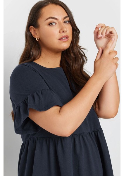 Büyük Beden Bisiklet Yaka Kısa Fırfır Kollu Beli Lastikli Mini Elbise 303646 fiyatları