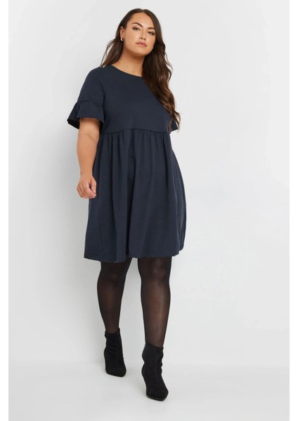 Büyük Beden Bisiklet Yaka Kısa Fırfır Kollu Beli Lastikli Mini Elbise 303646 fırsatları