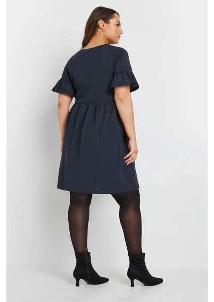 Büyük Beden Bisiklet Yaka Kısa Fırfır Kollu Beli Lastikli Mini Elbise 303646 indirimleri