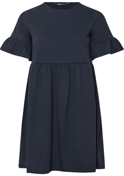 Büyük Beden Bisiklet Yaka Kısa Fırfır Kollu Beli Lastikli Mini Elbise 303646