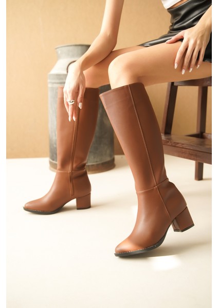 Morena Taba Deri Topuklu (5 cm Topuklu ) Yanı Fermuarlı Günlük Kullanım Çizme