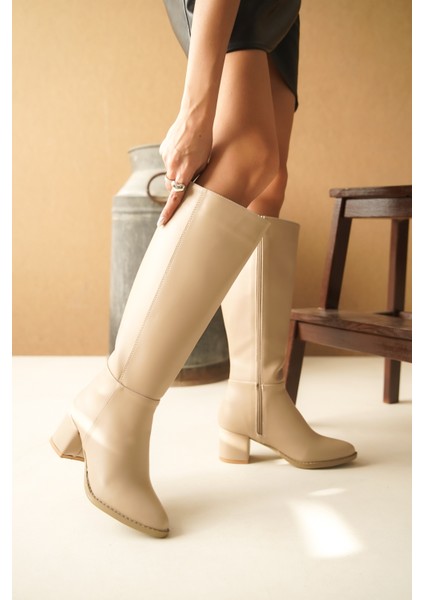 Morena Nude Deri Topuklu (5 cm Topuklu ) Yanı Fermuarlı Günlük Kullanım Çizme