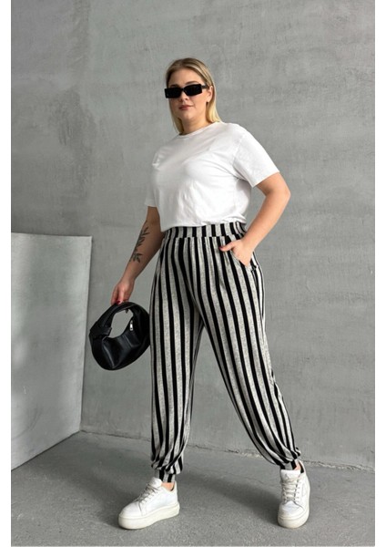Büyük Beden Beli ve Paçası Lastikli Çizgili Cepli Pantolon 89-70