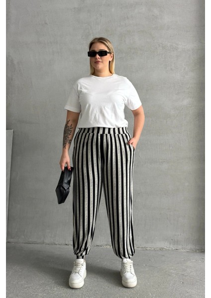 Büyük Beden Beli ve Paçası Lastikli Çizgili Cepli Pantolon 89-70 fiyatları