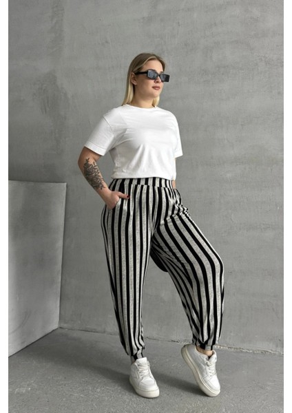 Büyük Beden Beli ve Paçası Lastikli Çizgili Cepli Pantolon 89-70 fırsatları
