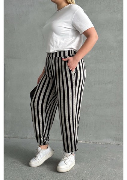 Büyük Beden Beli ve Paçası Lastikli Çizgili Cepli Pantolon 89-70 indirimleri