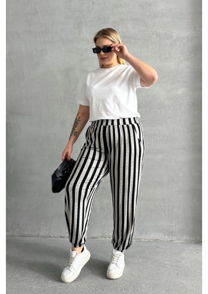 Büyük Beden Beli ve Paçası Lastikli Çizgili Cepli Pantolon 89-70