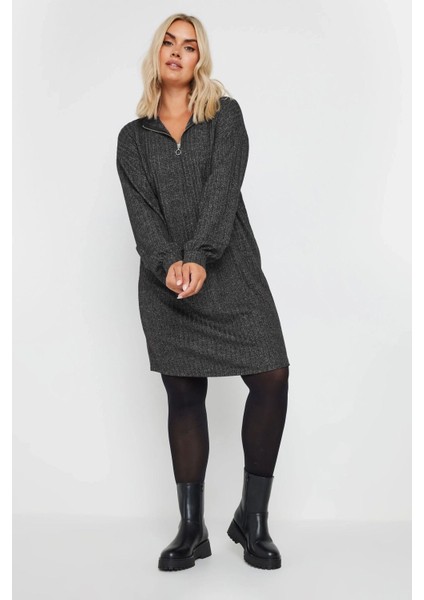 Büyük Beden Yumuşak Kumaş Yakası Fermuarlı Fitilli Tunik Elbise 322179 fiyatları