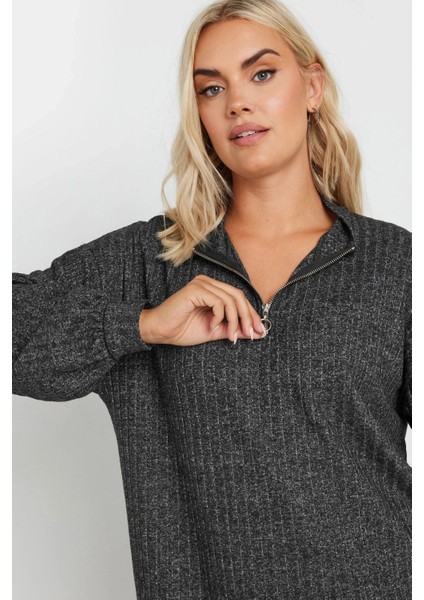 Büyük Beden Yumuşak Kumaş Yakası Fermuarlı Fitilli Tunik Elbise 322179 modelleri