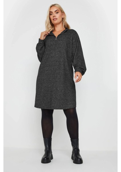 Büyük Beden Yumuşak Kumaş Yakası Fermuarlı Fitilli Tunik Elbise 322179