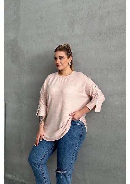 Büyük Beden Yarım Kollu Bisiklet Yaka Düğme Detaylı Kazak 303072