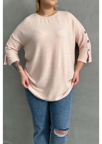 Büyük Beden Yarım Kollu Bisiklet Yaka Düğme Detaylı Kazak 303072