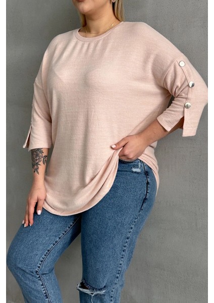 Büyük Beden Yarım Kollu Bisiklet Yaka Düğme Detaylı Kazak 303072