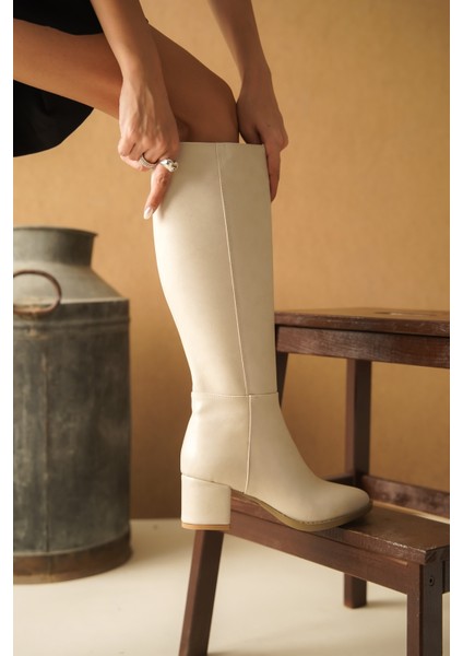 Morena Bej Deri Topuklu (5 cm Topuklu ) Yanı Fermuarlı Günlük Kullanım Çizme fiyatları