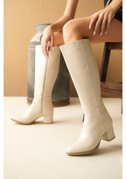 Morena Bej Deri Topuklu (5 cm Topuklu ) Yanı Fermuarlı Günlük Kullanım Çizme modelleri